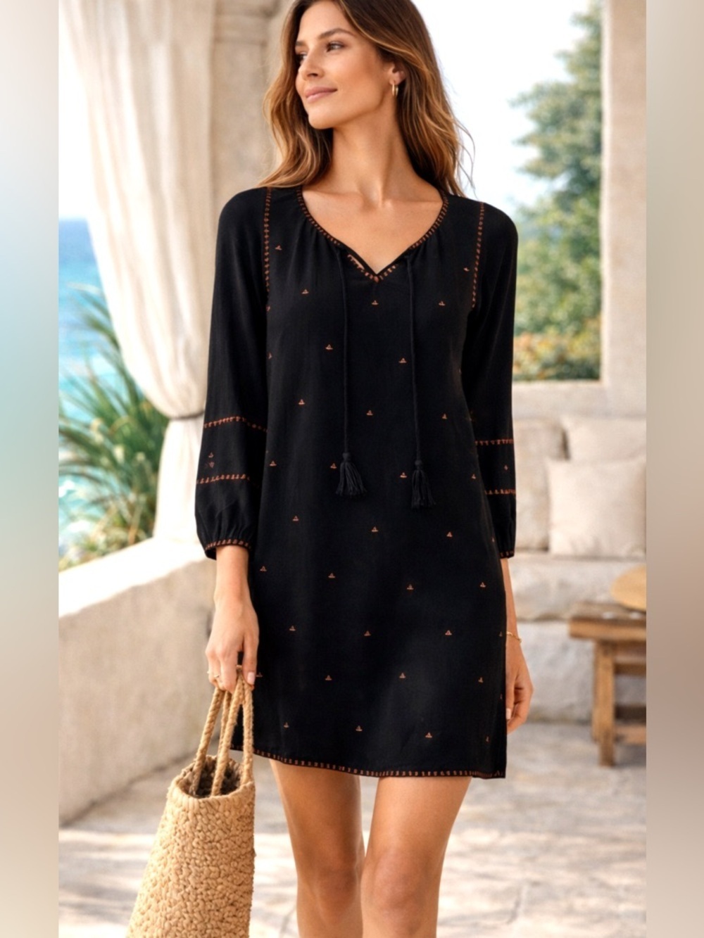 Madewell Embroidered Mini Shift Dress S Black Boho Coastal Chic Summer Tunic